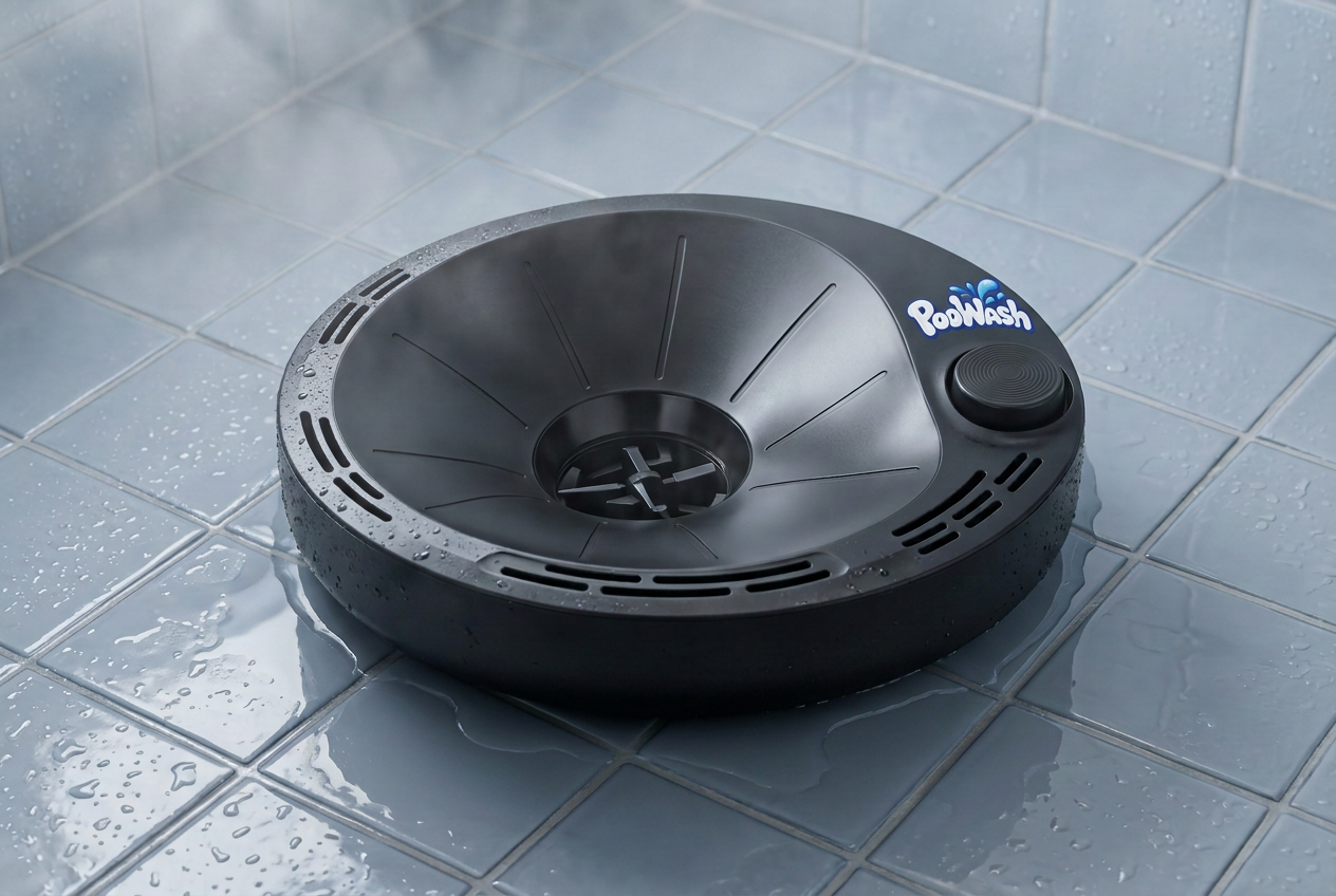 PooWash device on a wet shower floor