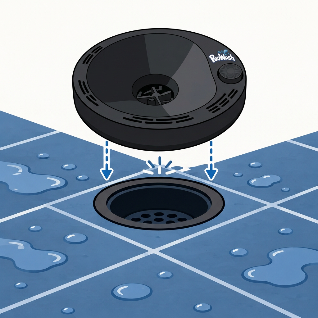Lowering the thin black PooWash ring into the open drain until it sits flush