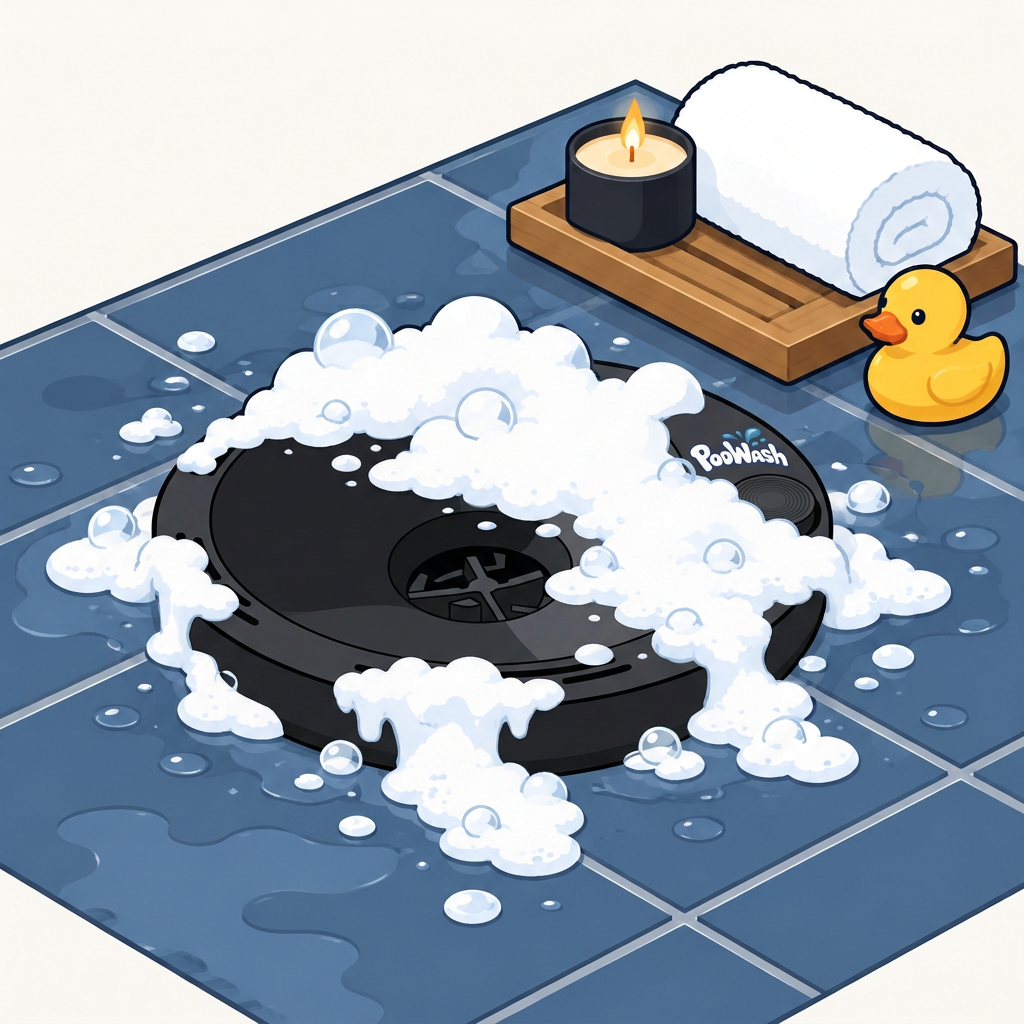 The installed PooWash ring overflowing with foam beside a lit candle, rolled towel and rubber duck