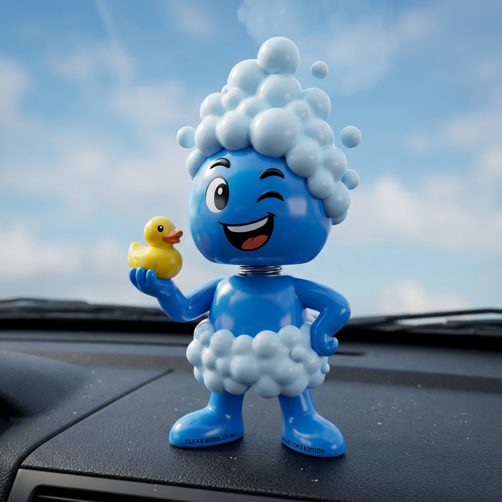 Sir Sudsalot bobblehead doll on a car dashboard