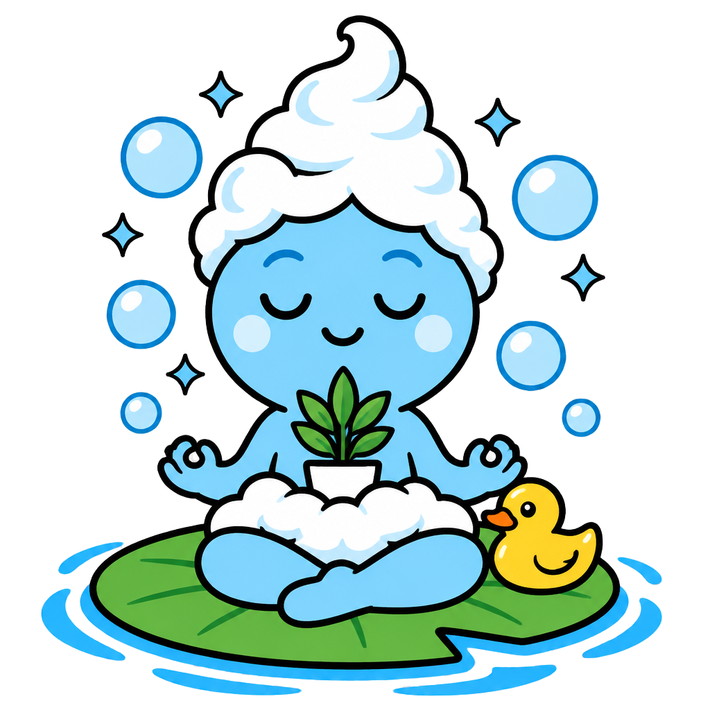 Sir Sudsalot meditating on a lily pad holding a small plant